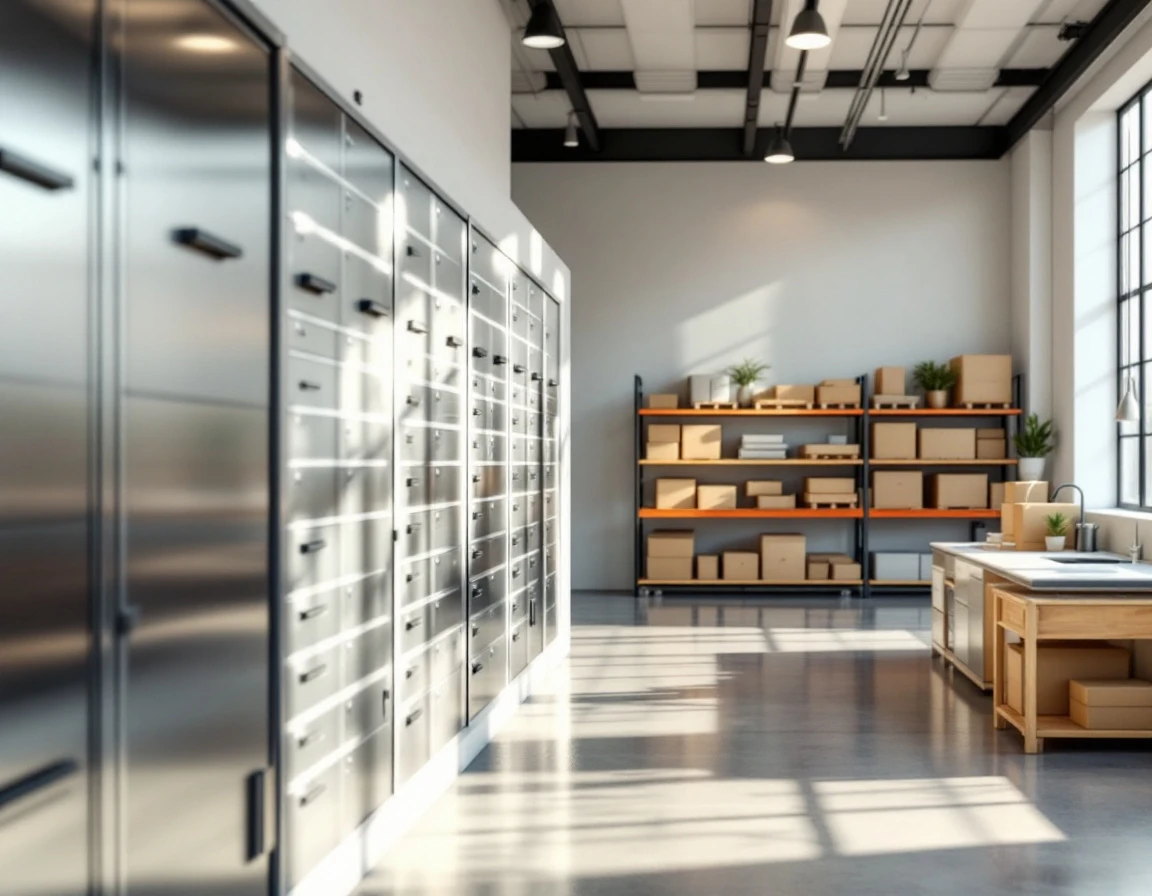 Clean commercial mailroom with organized metal mailbox cabinets and natural lighting from industrial windows
