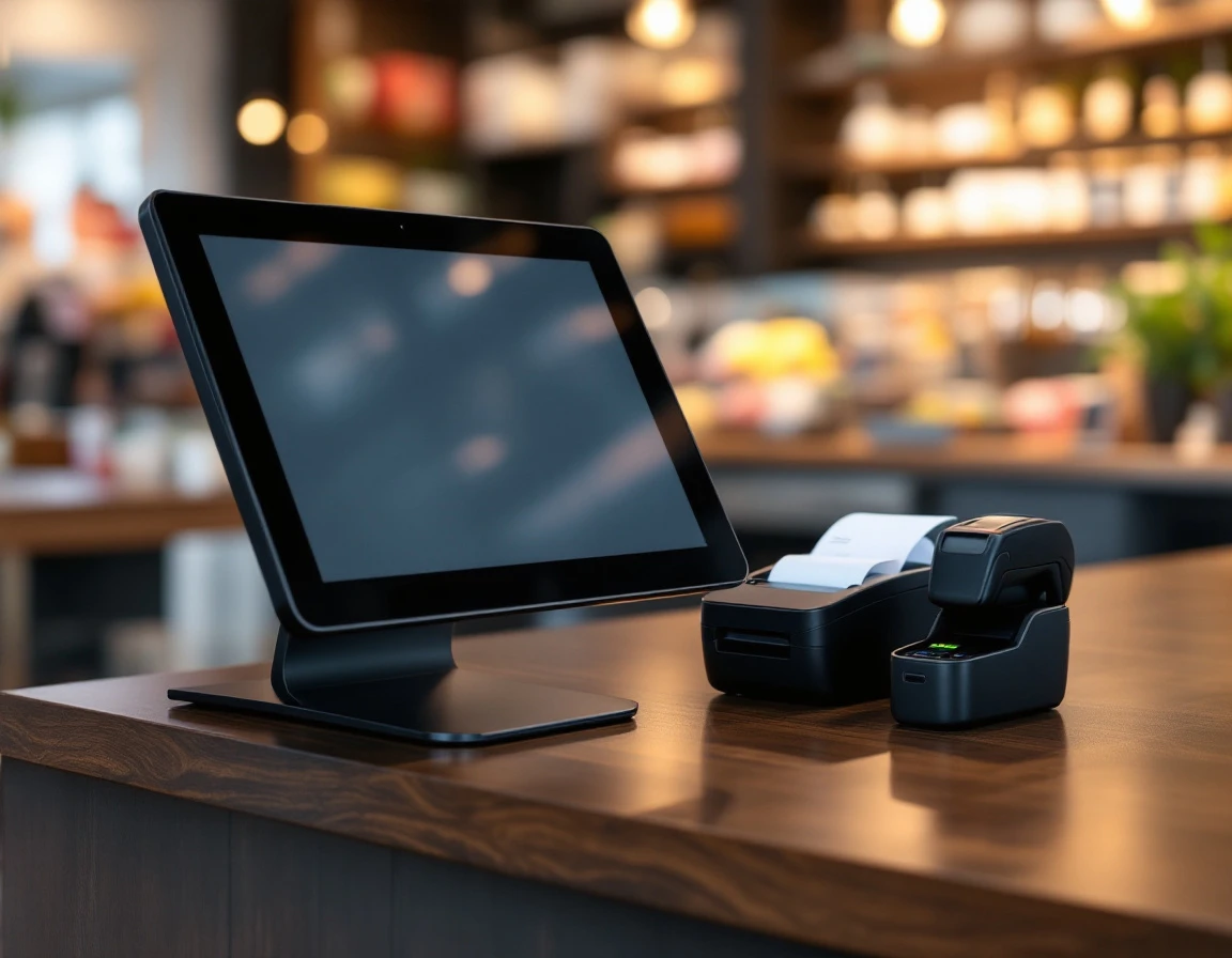 Modern POS terminal with credit card reader and receipt printer on retail checkout counter