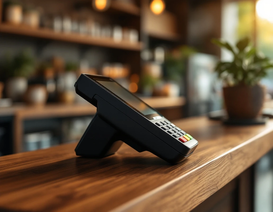 Modern payment terminal positioned on wooden retail counter with warm natural lighting and blurred cafe background
