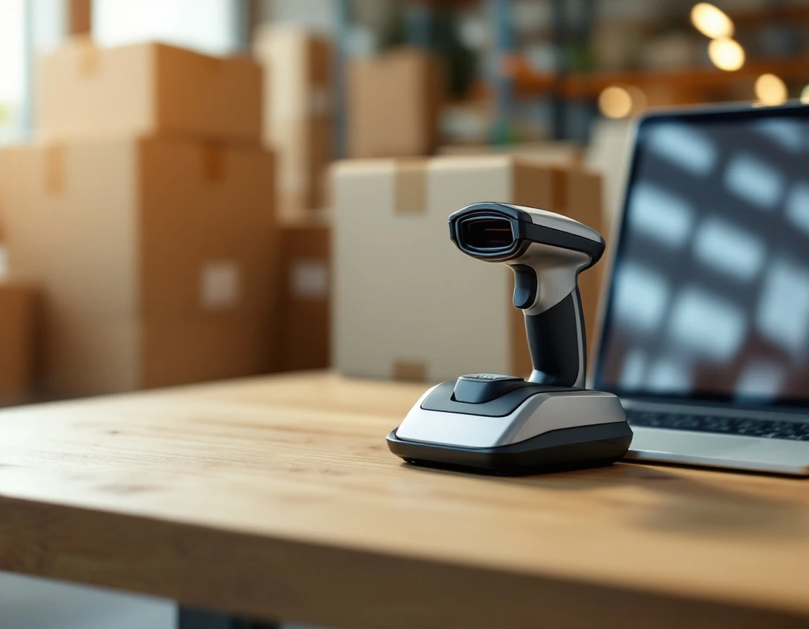 Barcode scanner and laptop on warehouse workspace with plain cardboard inventory boxes in background