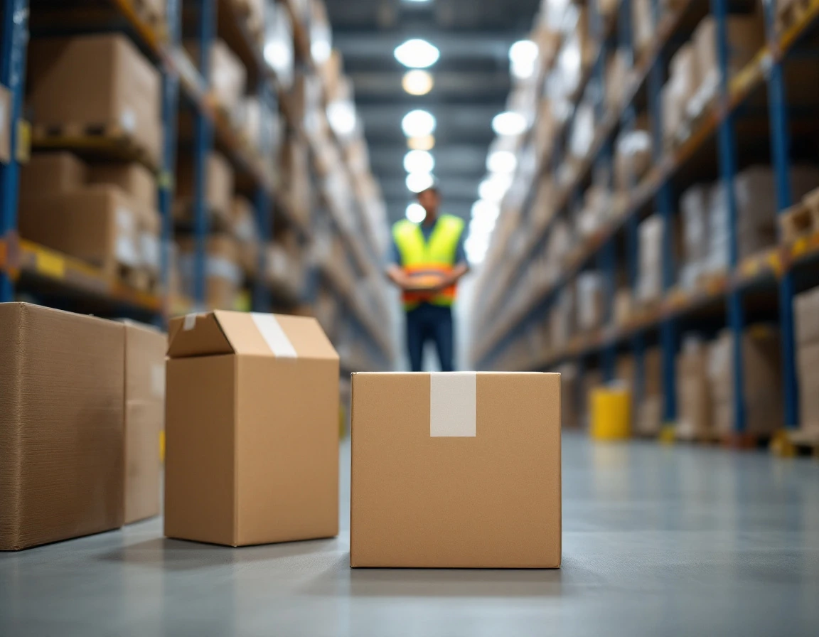 Plain cardboard shipping boxes in warehouse with worker and shelving in background