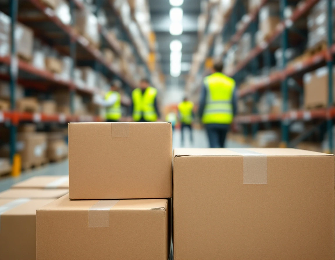 Unmarked cardboard shipping boxes stacked in warehouse with workers preparing for peak holiday season