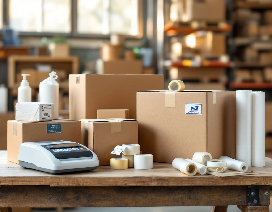 Organized shipping supplies and packaging materials on wooden work surface with postal scale and tape dispensers