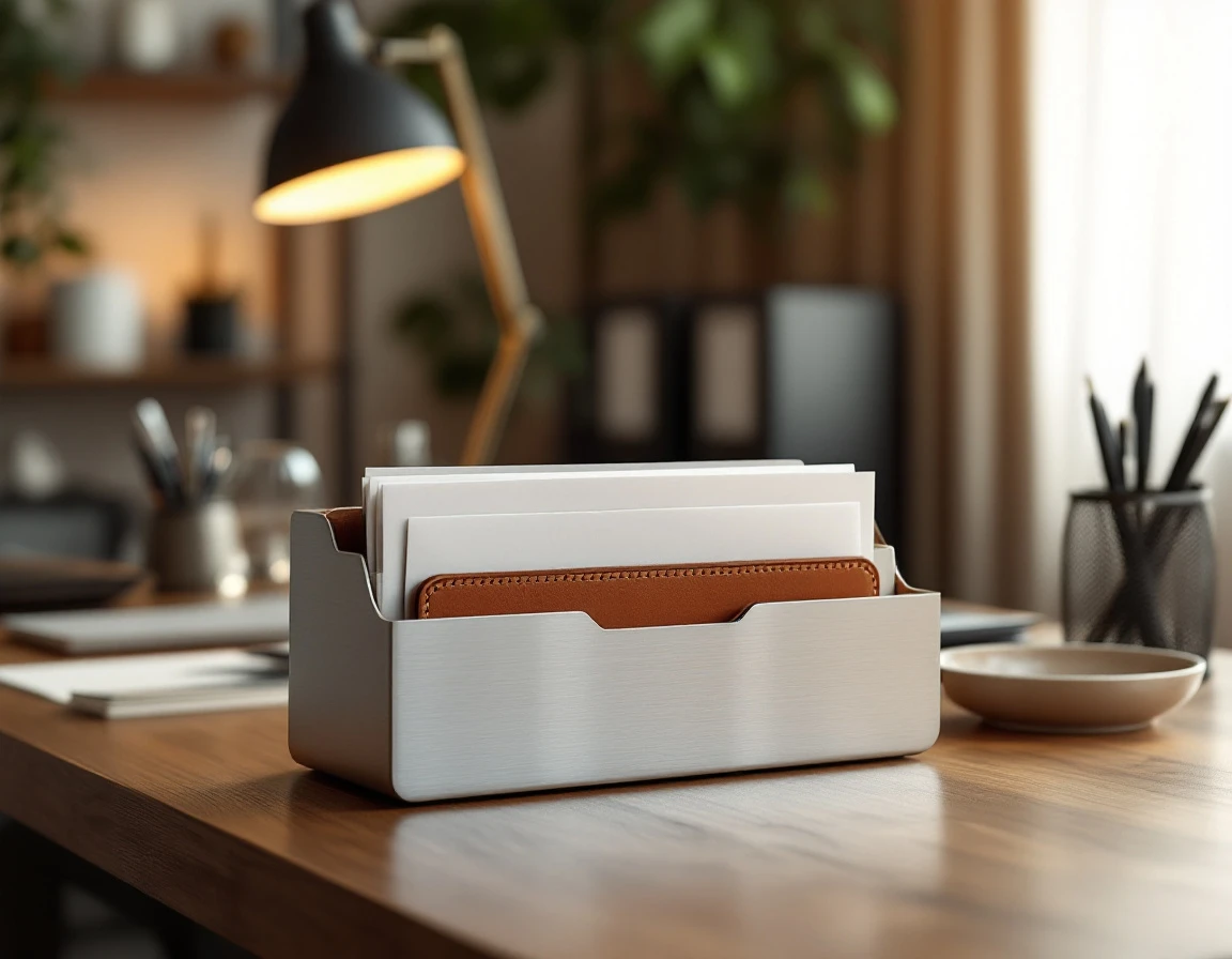 Brushed metal mail organizer and leather document holder on wooden desk with natural office lighting