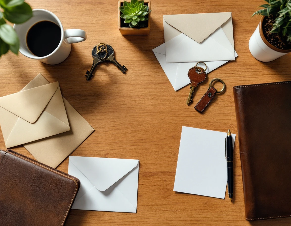 Flatlay of mailbox service items including envelopes, vintage keys, and coffee on wooden desk