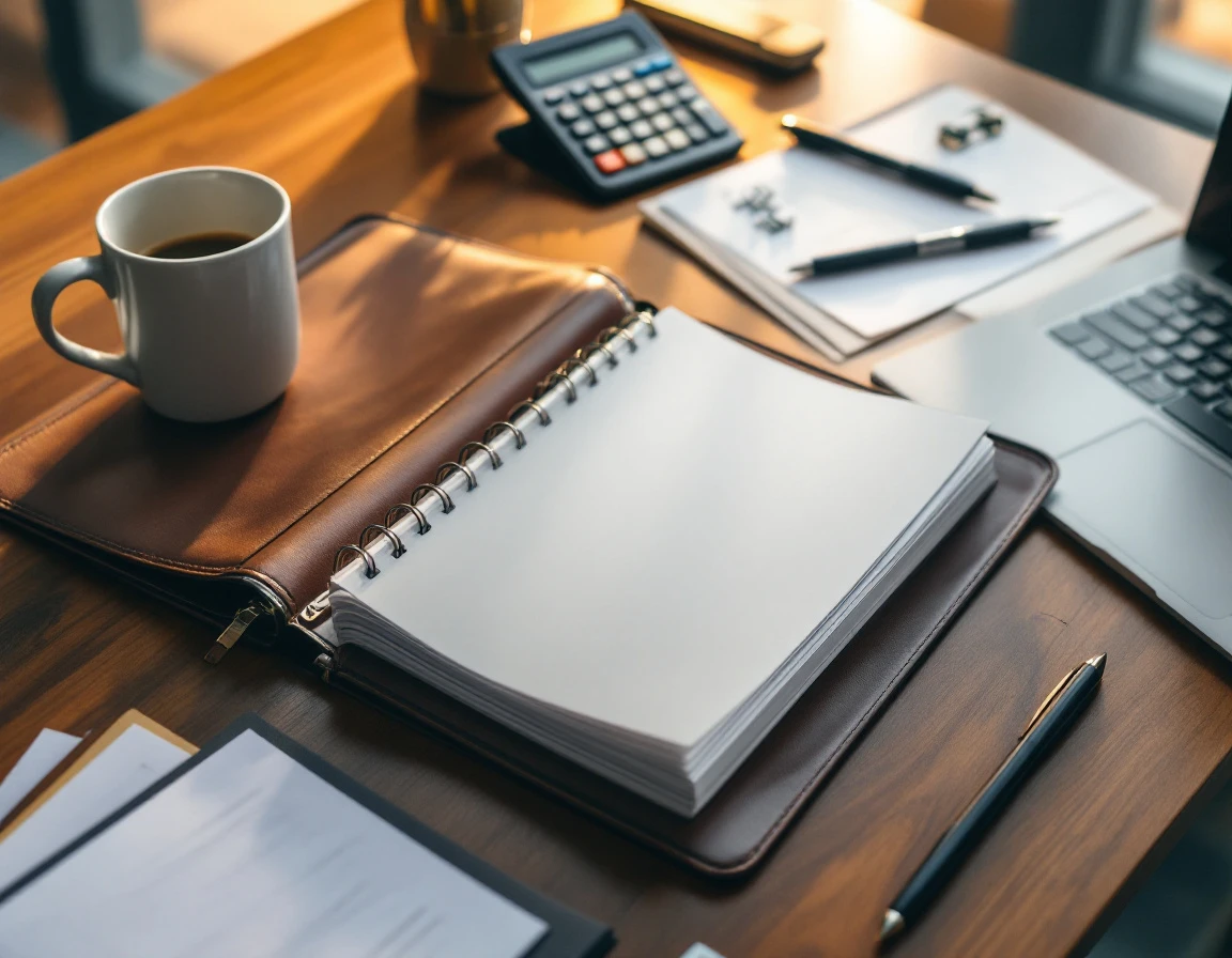 Organized business workspace with leather binder, coffee, and office supplies ready for mailbox service launch