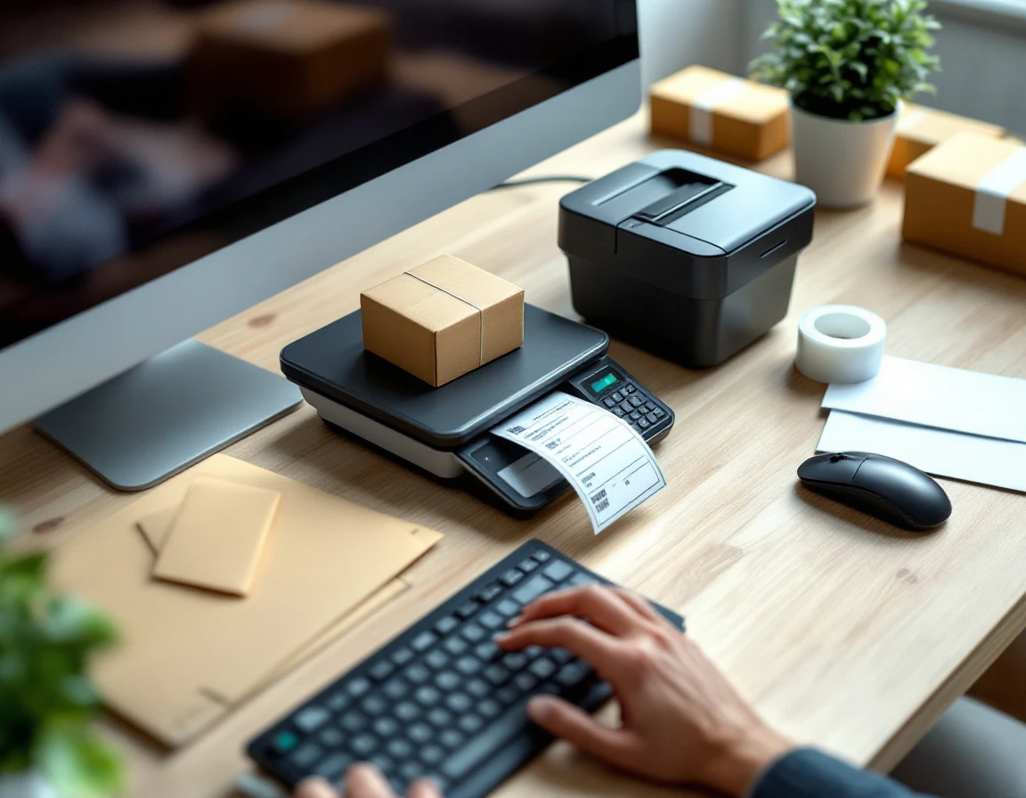 Shipping workspace with scale, label printer, and packing materials on desk with hands working at computer