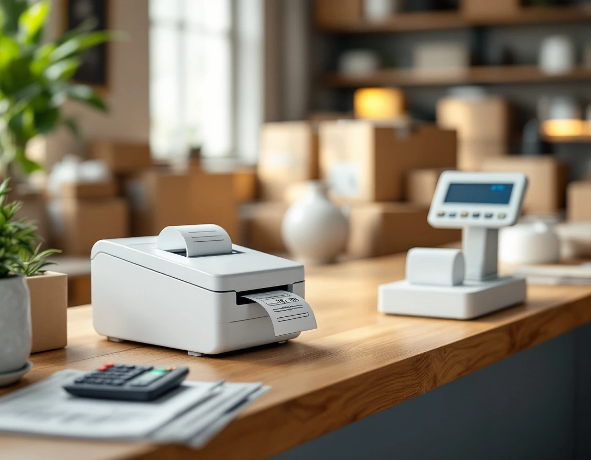 Postal scale and label printer on shipping store counter with pricing tools and organized supplies
