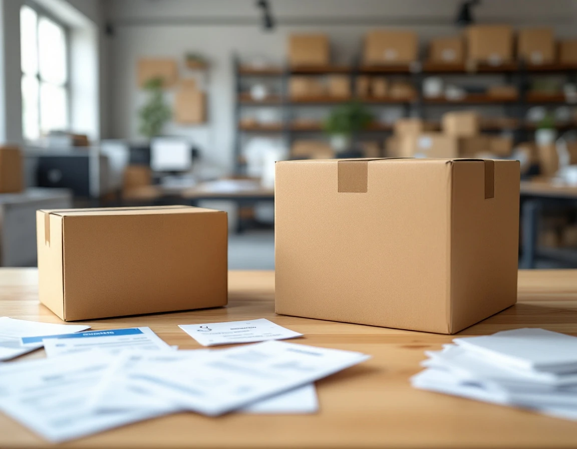 Shipping boxes and paperwork on desk in print shop workspace showing operational materials