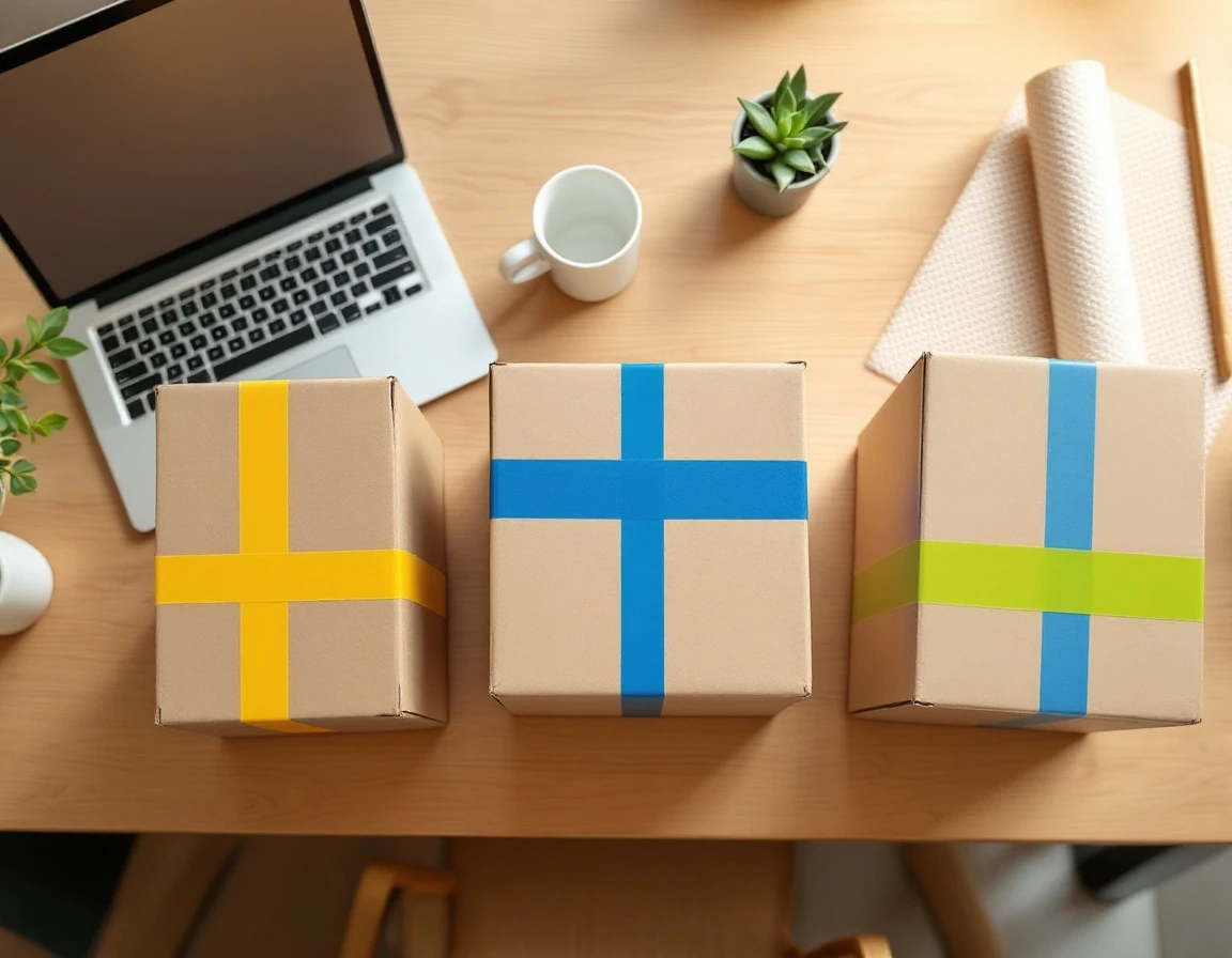 Three cardboard boxes with yellow, blue, and green tape on workspace with laptop and shipping supplies