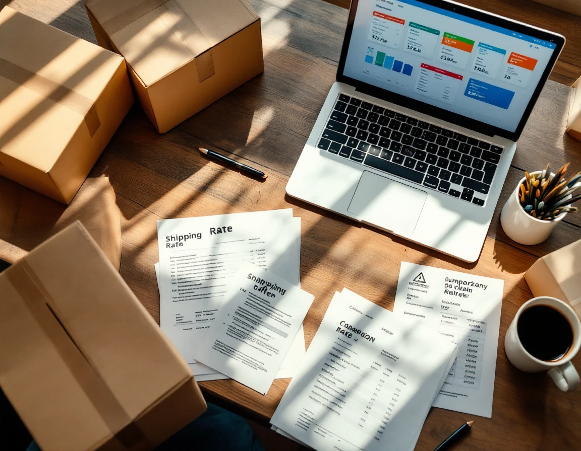 Overhead view of small business shipping workspace with boxes, labels, rate documents, and laptop