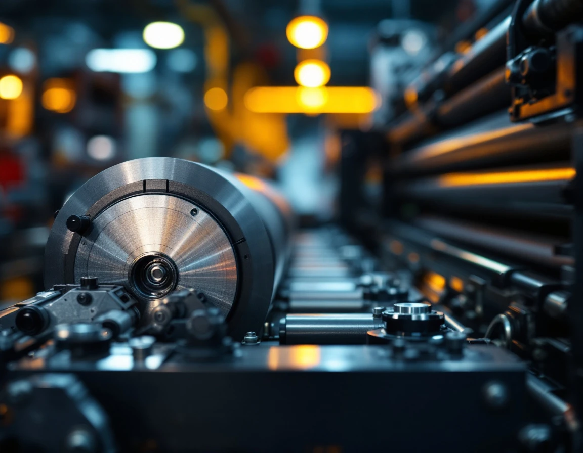 Close-up of commercial printing press rollers and precision mechanical components in industrial workshop