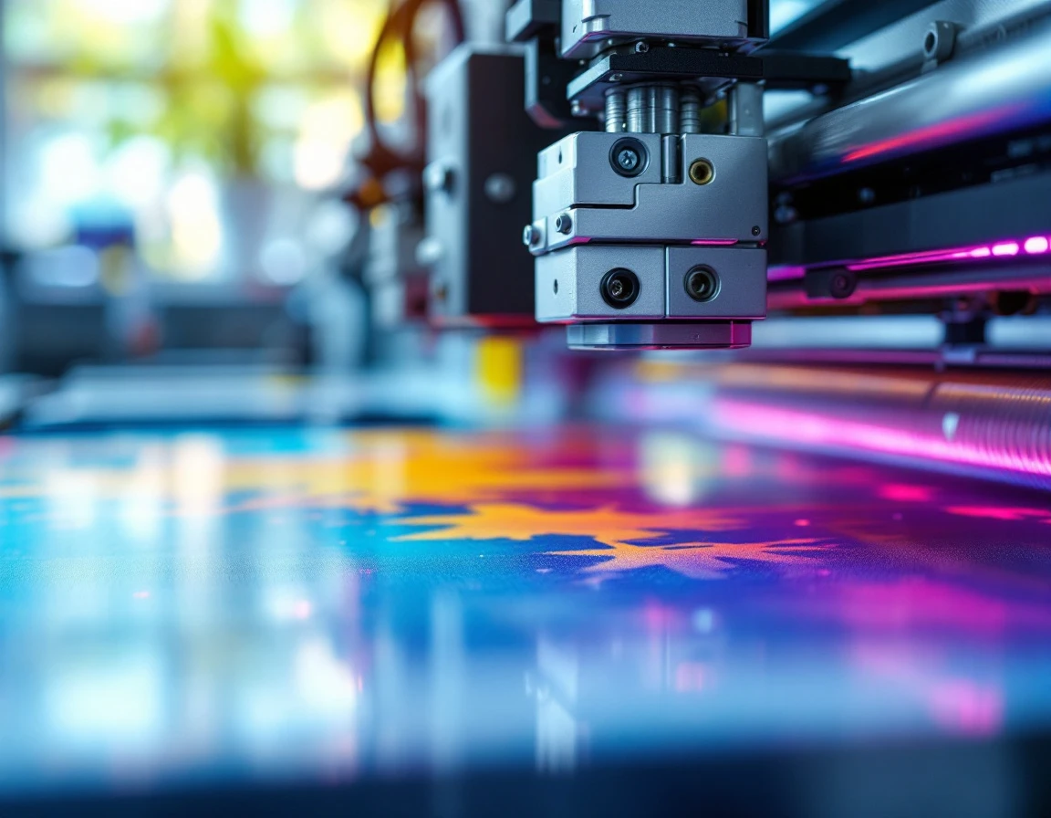 Close-up of digital printing press mechanism with print head and rollers processing colorful fabric material