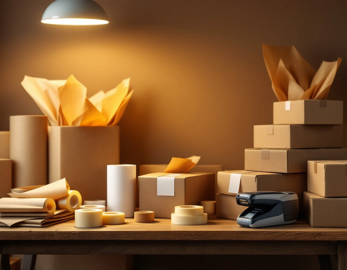Independent shipping retailer workspace with cardboard parcels, packing materials, and label printer supplies