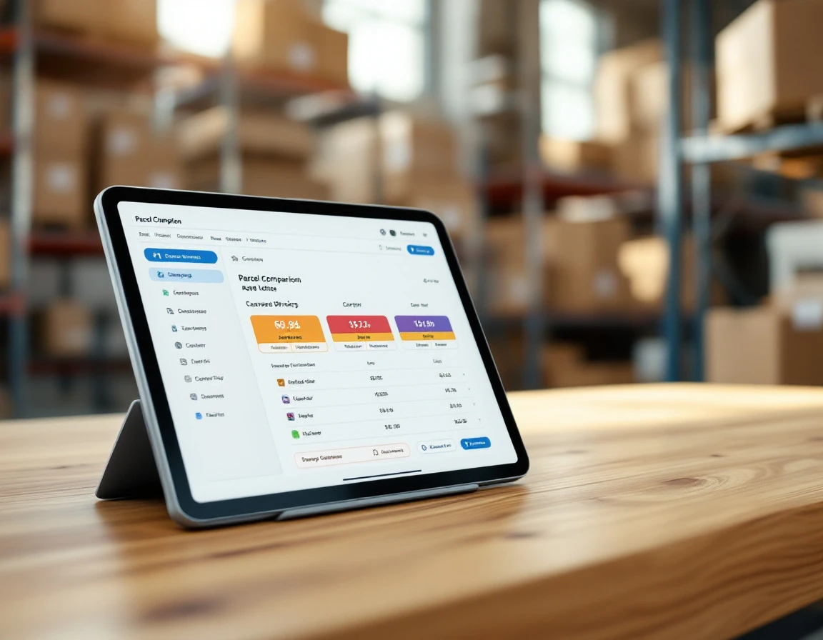 Tablet computer displaying rate comparison interface on wooden table in parcel shipping warehouse
