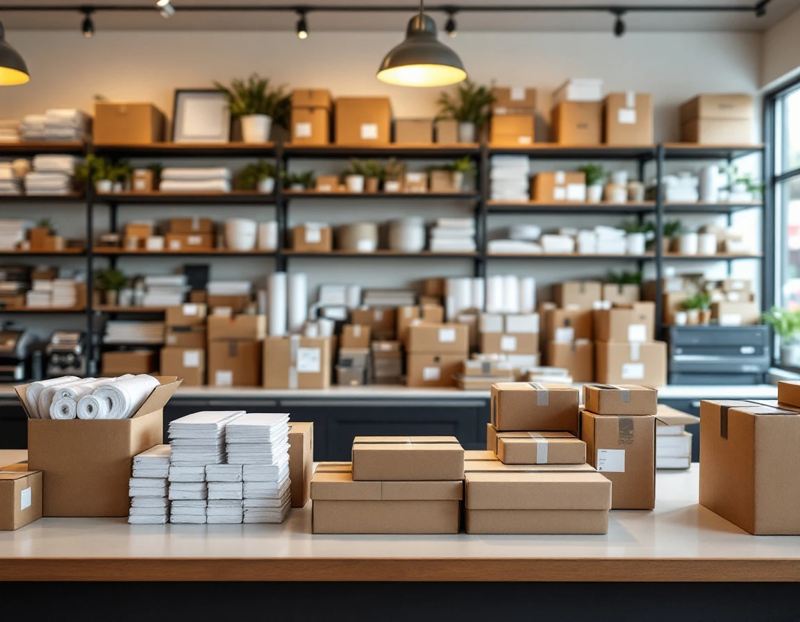 Print shop service counter displaying bundled packaging products and shipping supply tiers