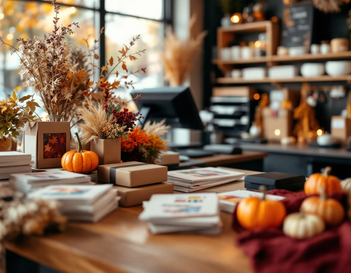 Print shop counter with autumn seasonal decorations and shipping supplies arranged for retail display