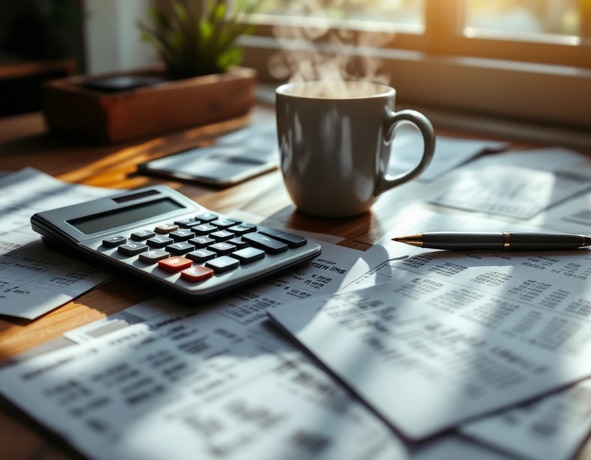 Calculator and financial worksheets on wooden desk during shipping rate pricing analysis