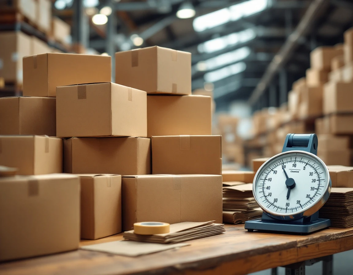 Analog postal scale and cardboard shipping boxes on packing station workbench in warehouse facility