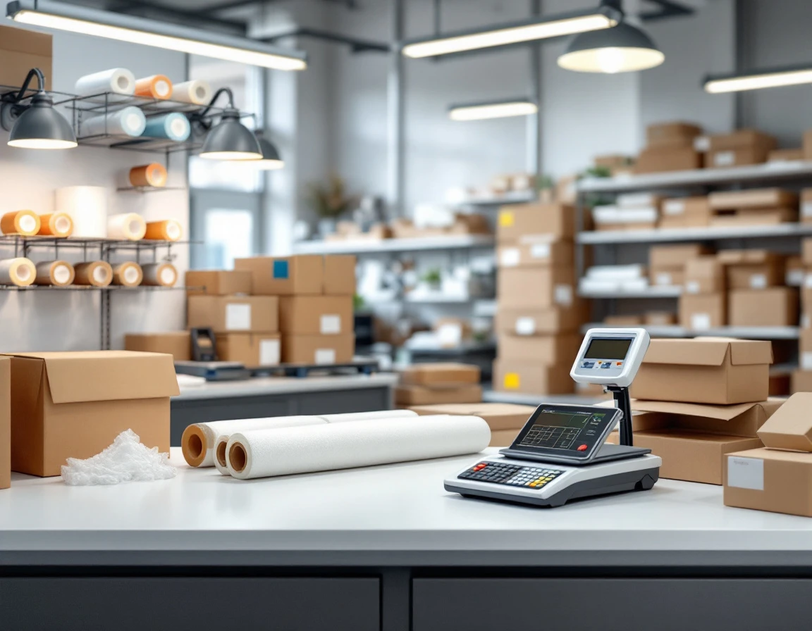 Organized shipping station with packing materials and digital scale in modern pack-and-ship store