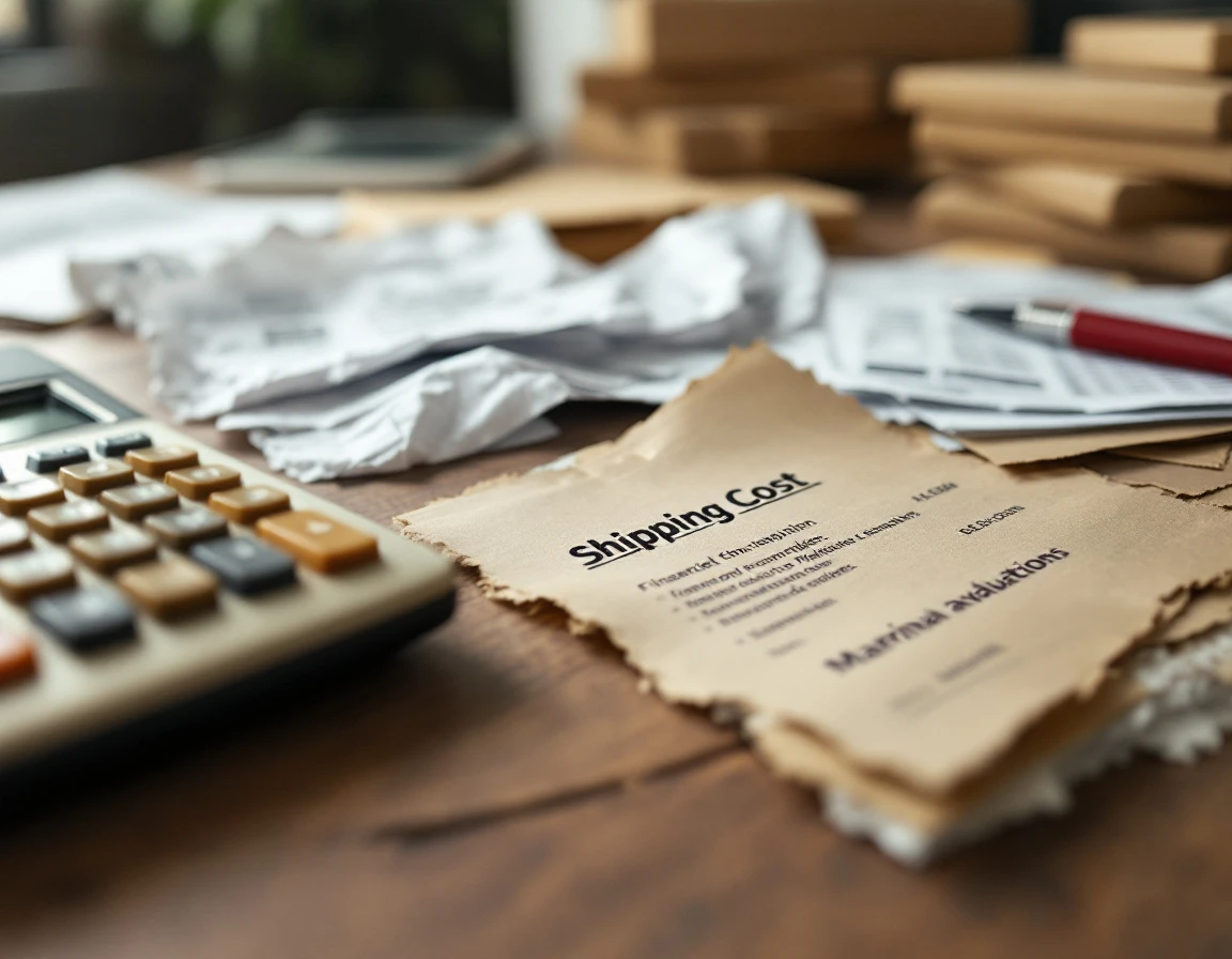 Shipping calculator and crumpled invoices on desk showing financial pressure from peak season surcharges