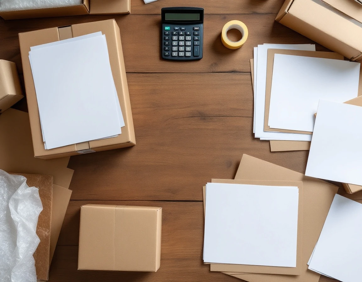 Overhead view of shipping workspace with blank boxes, packing materials, and calculator for cost analysis