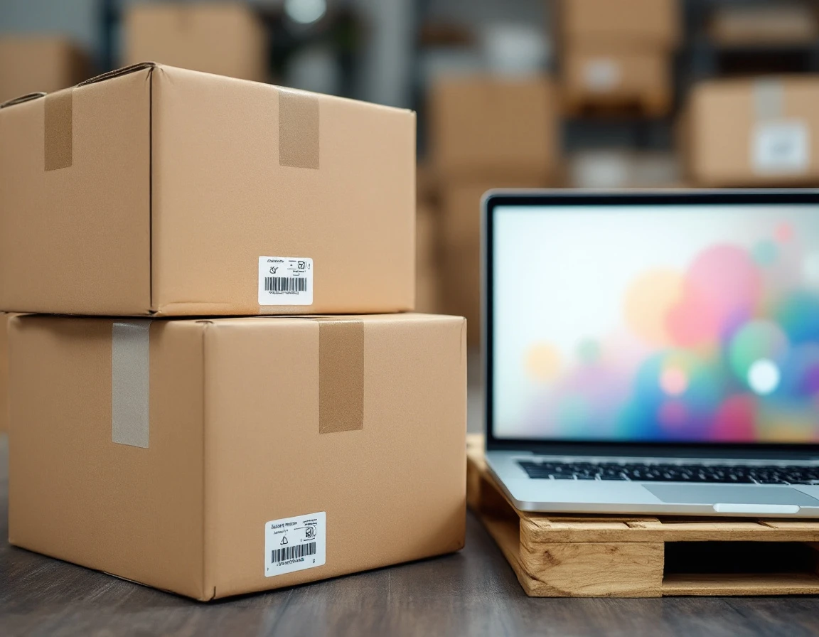 Cardboard shipping boxes on warehouse pallet next to laptop displaying blurred analytics screen