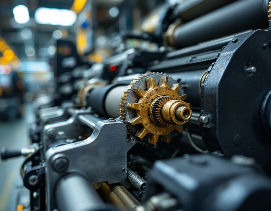 Commercial printing press machinery showing precision rollers and mechanical components in a professional print shop
