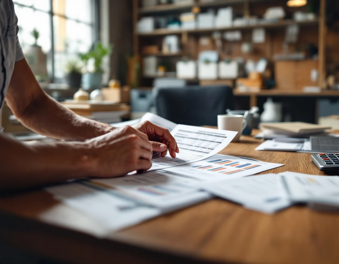 Print shop owner reviewing financial documents and cost analysis papers at desk with printed materials
