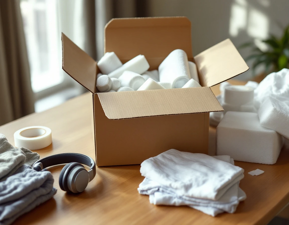 Open shipping box with protective packing materials, electronics, and folded clothing on wooden table