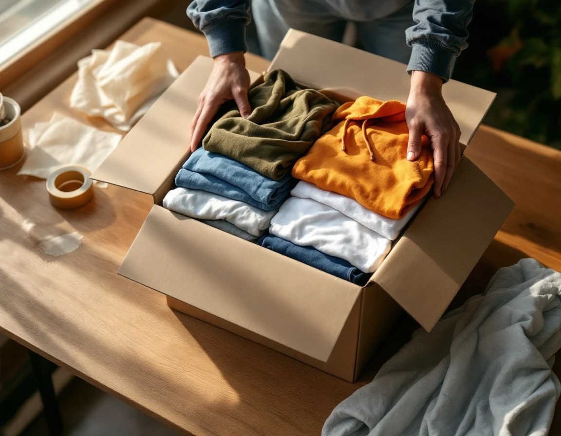 Cardboard box filled with folded college clothing and soft goods ready for shipping to campus