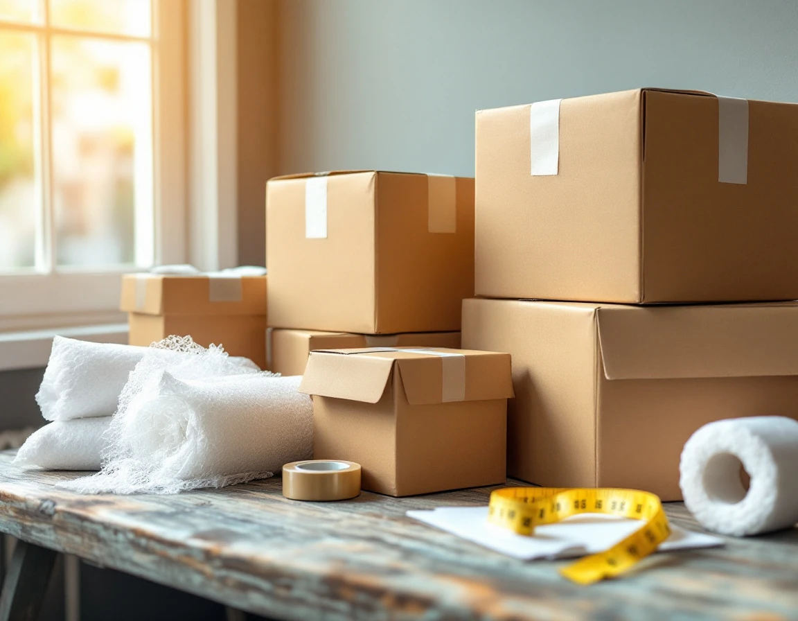 Cardboard boxes and packing supplies including tape, bubble wrap, and measuring tape on wooden desk