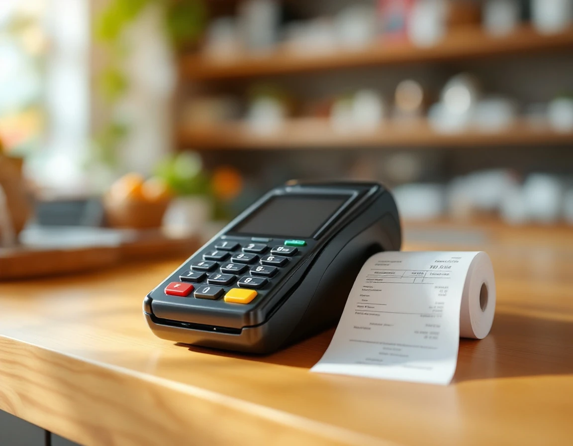 Payment terminal on wooden retail counter with thermal receipt paper roll beside it