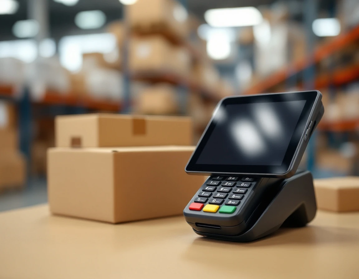 Point-of-sale payment terminal with dark screen on retail counter among shipping supplies