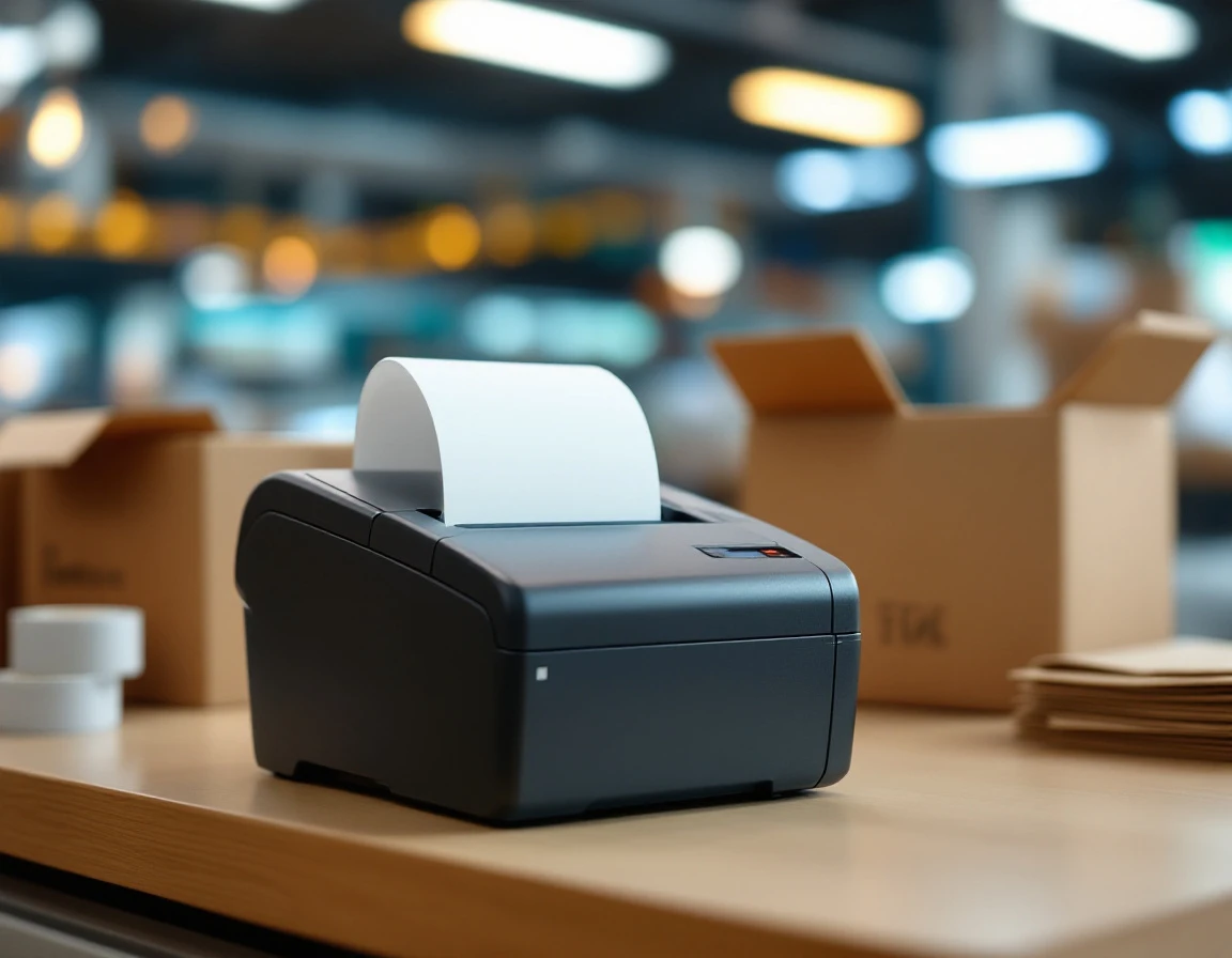 Receipt printer feeding paper on a shipping counter with boxes and packing materials in background