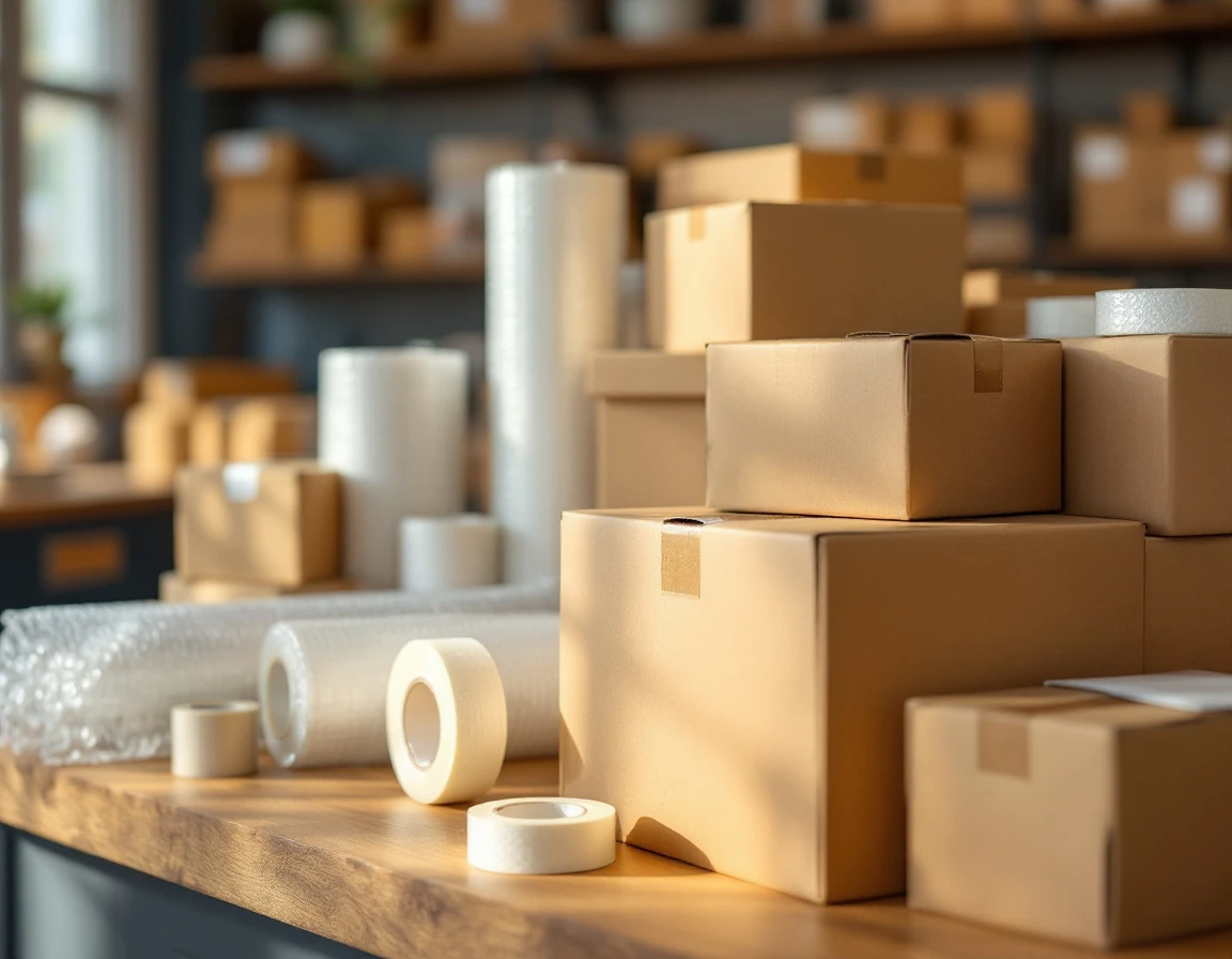 Shipping supplies including bubble wrap, tape, and cardboard boxes arranged on pack-and-ship store counter