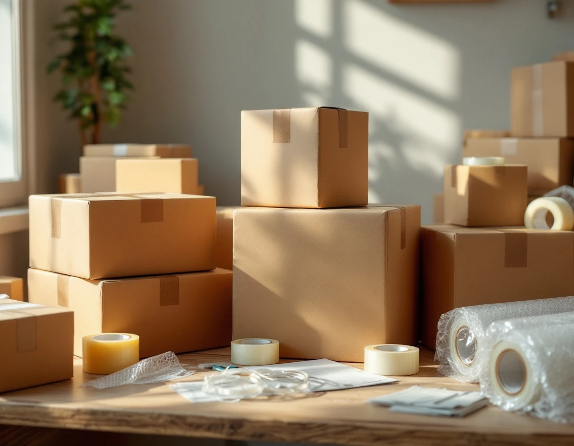 Shipping supplies including cardboard boxes, packing tape, and bubble wrap arranged on wooden desk