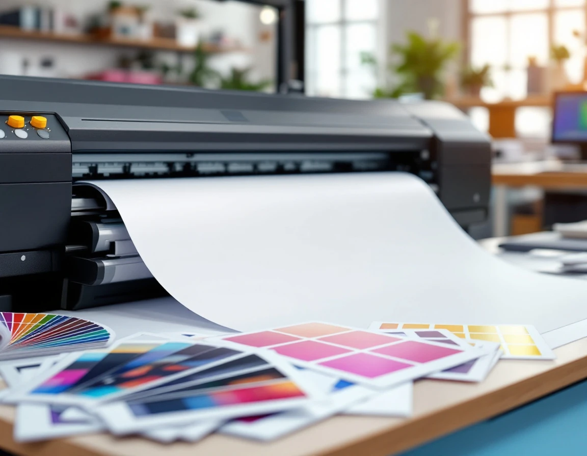 Large-format printer outputting fresh paper with color swatches and design proofs on workspace