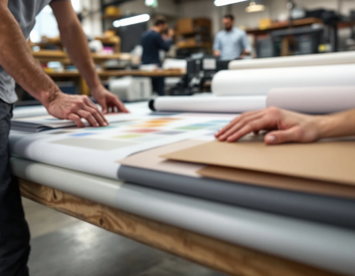 Print shop workspace with color swatches and large format banner materials on work table