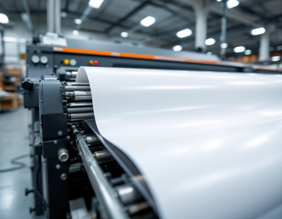 Large format printing press with banner substrate moving through industrial rollers in professional print facility