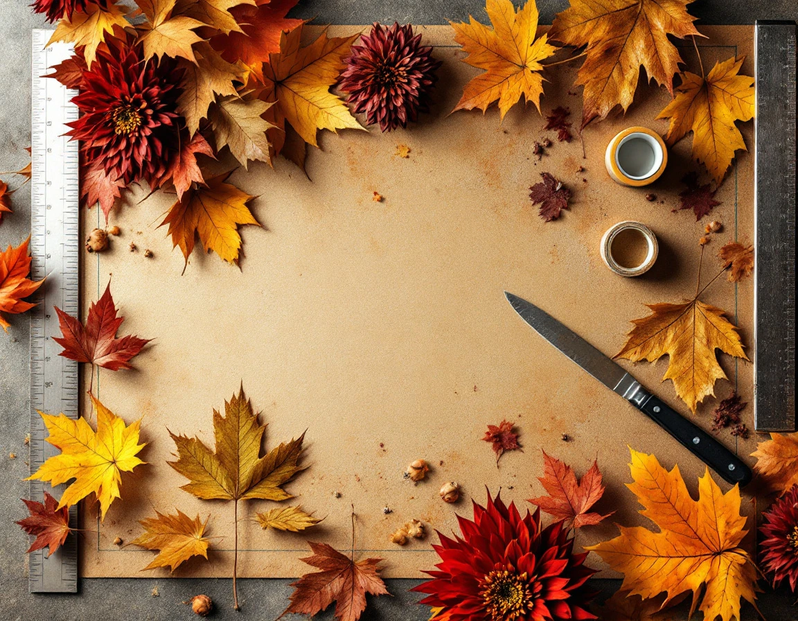 Workspace with autumn banner samples, fall leaves, and professional printing tools on worn cutting mat