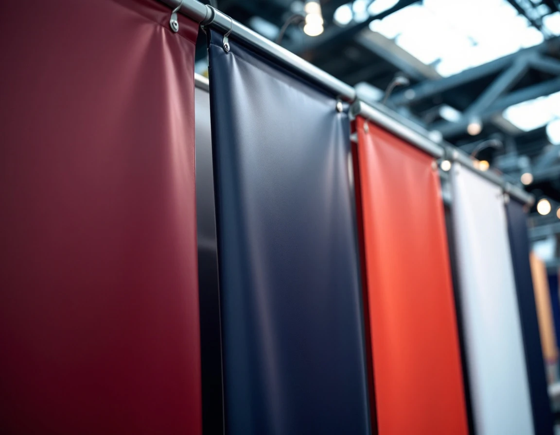 Rolled vinyl banners and large format posters on display rack showing premium printing materials