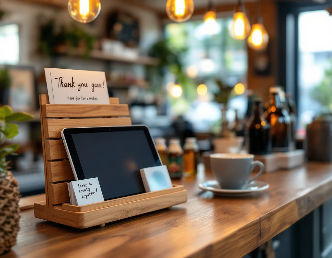 Modern POS tablet and loyalty card display on retail counter with warm lighting and handcrafted details