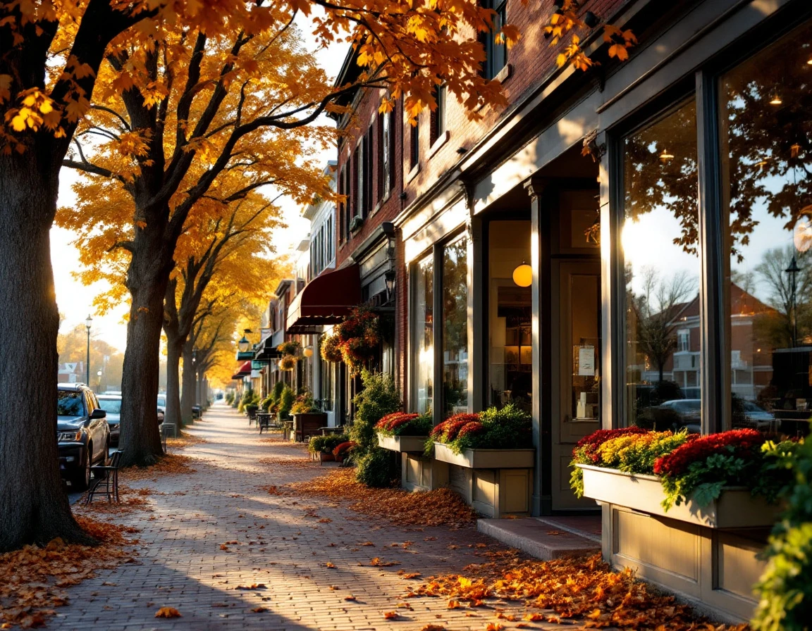 Autumn retail street with brick storefronts and fall foliage suggesting community-focused small business atmosphere