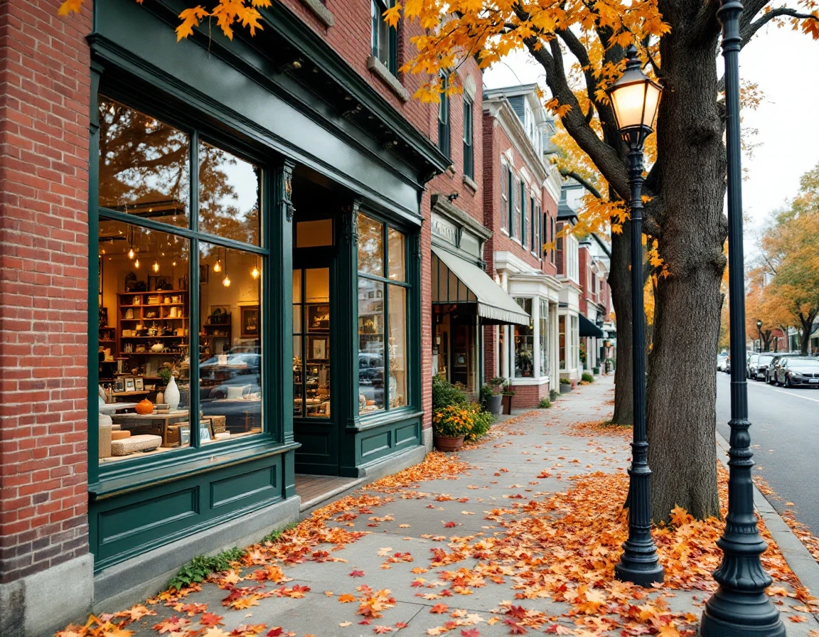 Upscale retail storefront in autumn neighborhood with brick facade and display windows showcasing merchandise