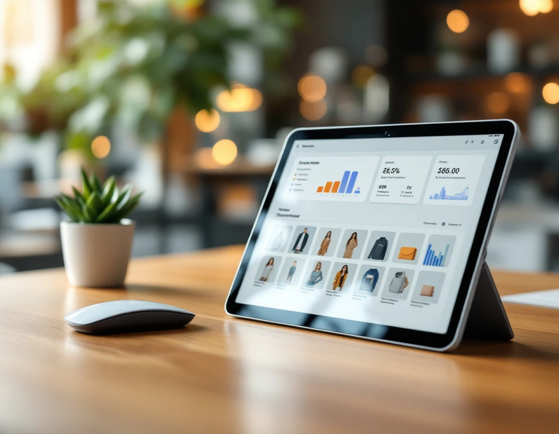 Tablet displaying retail POS software interface on wooden desk with office accessories