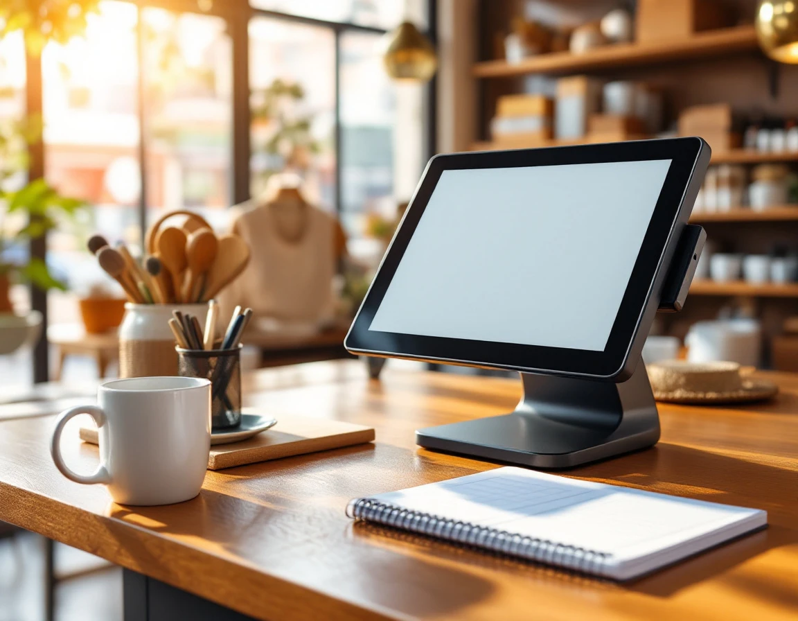 Modern POS terminal on retail counter with blank planner and coffee cup in sunlit shop interior