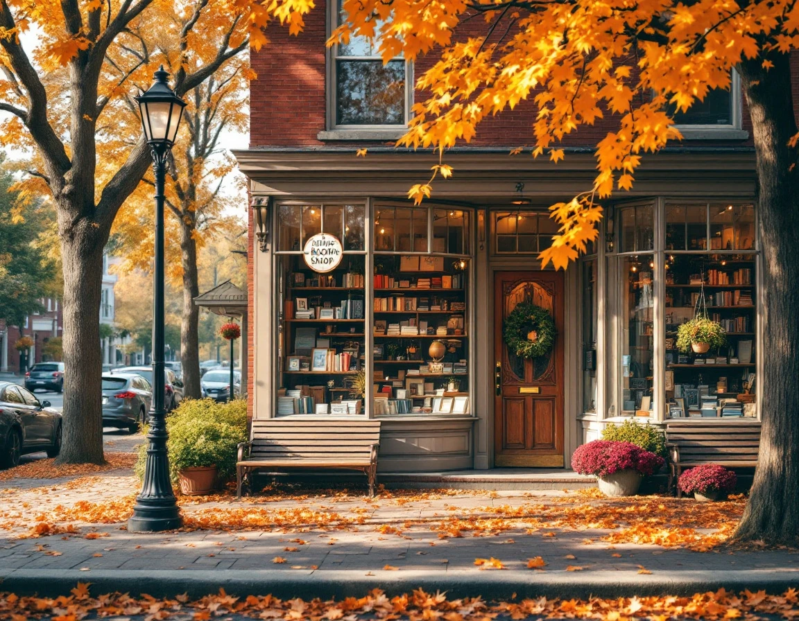 Independent bookshop with autumn foliage on quiet main street showcasing traditional small business storefront