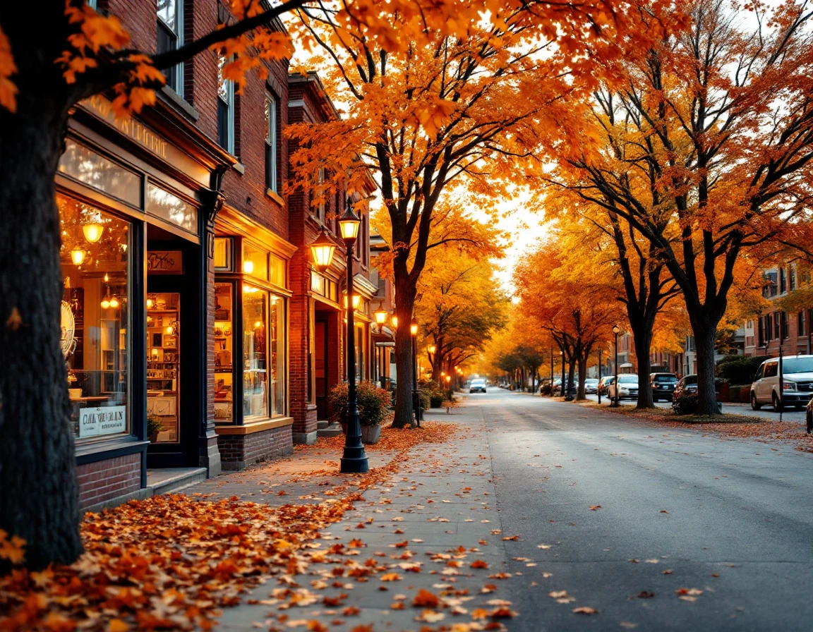 Autumn street scene in small business district with brick buildings and fall foliage along quiet sidewalk