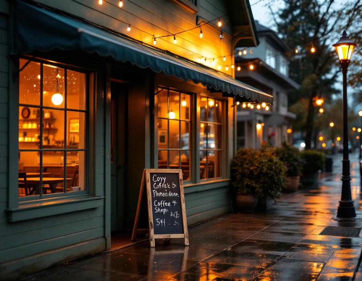 Independent coffee shop at dusk with warm interior lighting and wet sidewalk reflections